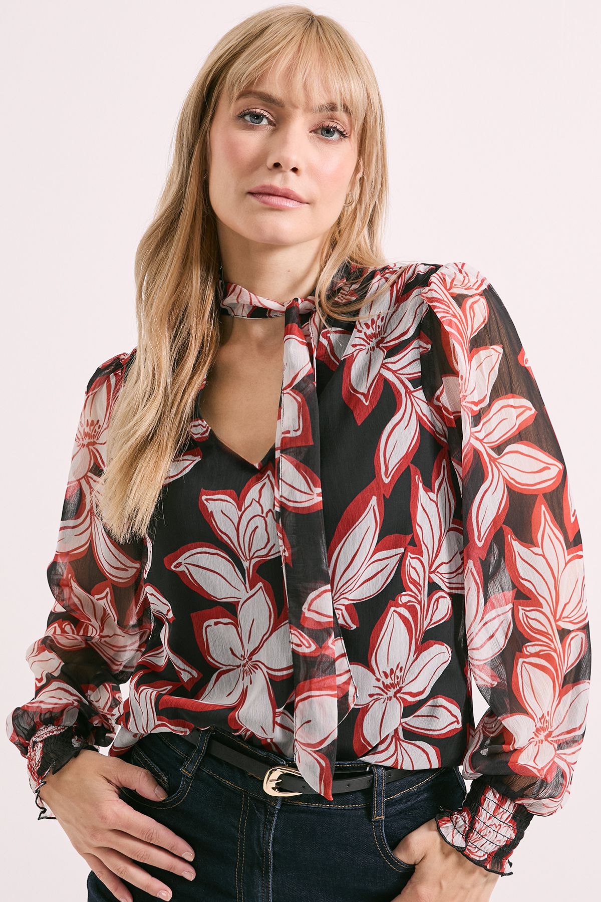 Principles Ginger Floral Tie Neck Blouse Black image 1