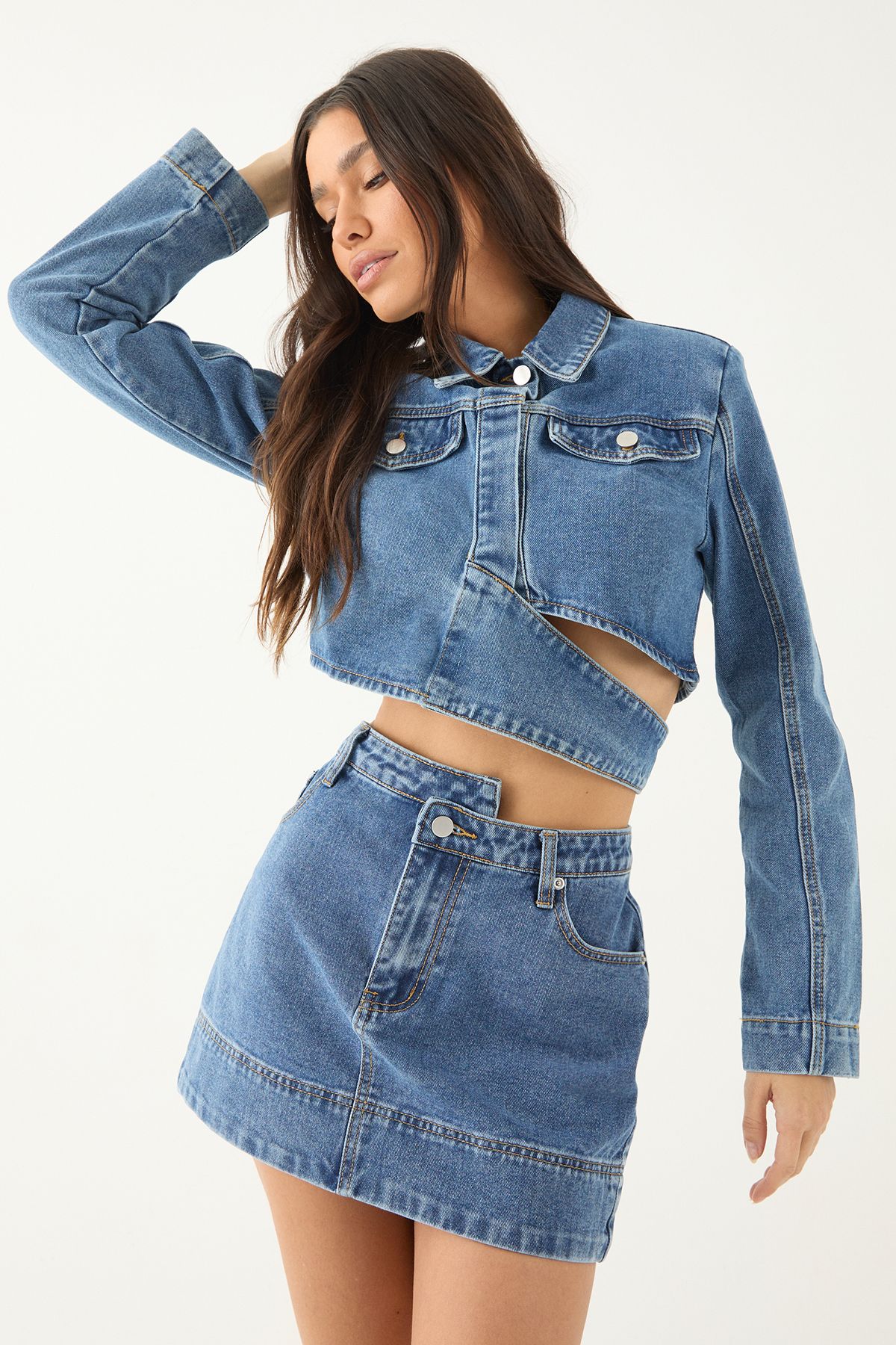 MissPap Asymmetric Hem Denim Mini Skirt Mid Wash image 1