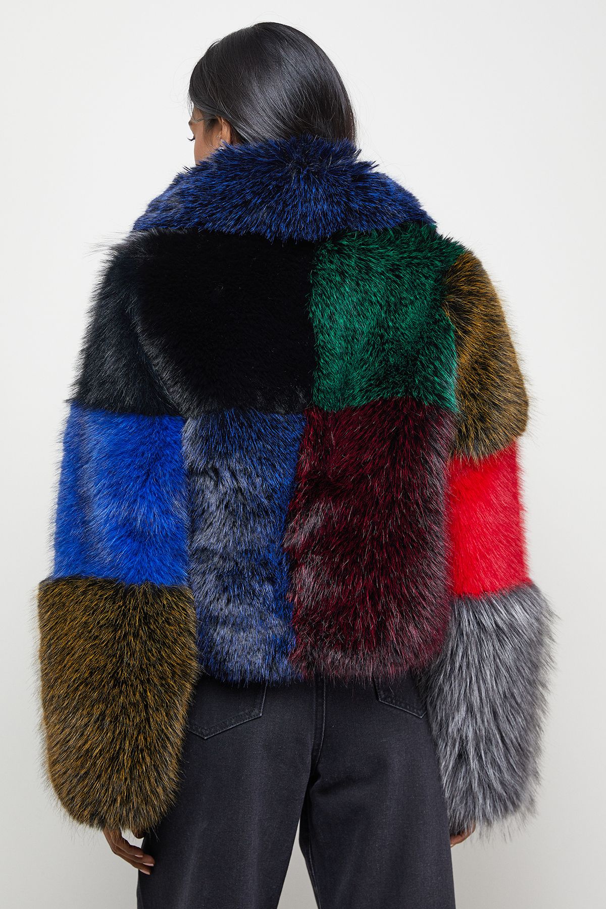 Warehouse Multi -coloured Panelled Faux Fur Coat Multi image 3