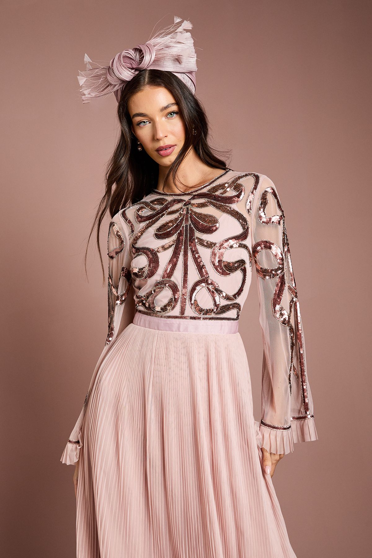 Coast Lisa Tan Bow Embellished Long Sleeve Midi Dress Antique Rose image 2
