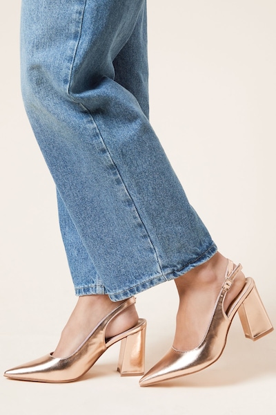 Dorothy Perkins Wide Fit Ellens Pointed High Block Heel Slingback Court Shoes Rose Gold