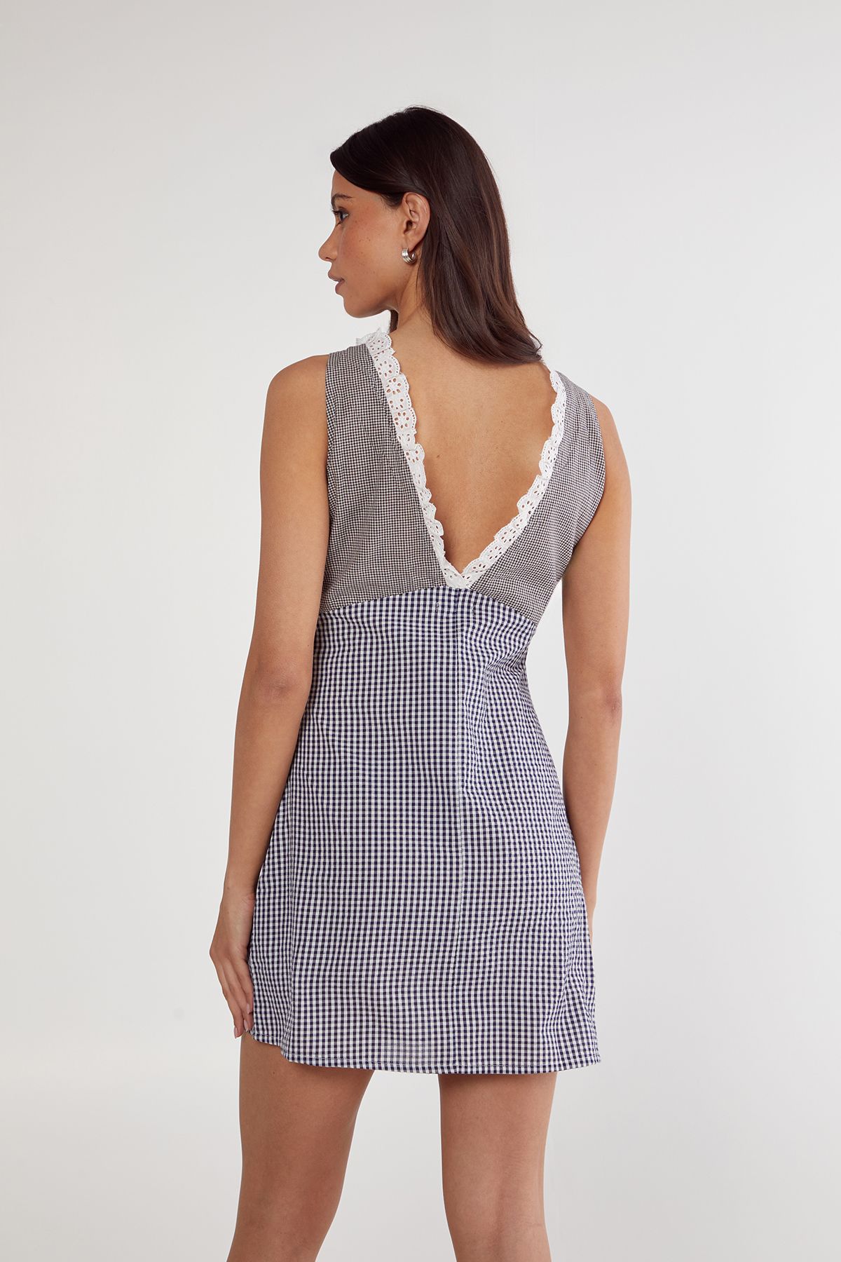 NastyGal Gingham Mix Broderie Ruffle Plunge Mini Dress Mono image 4