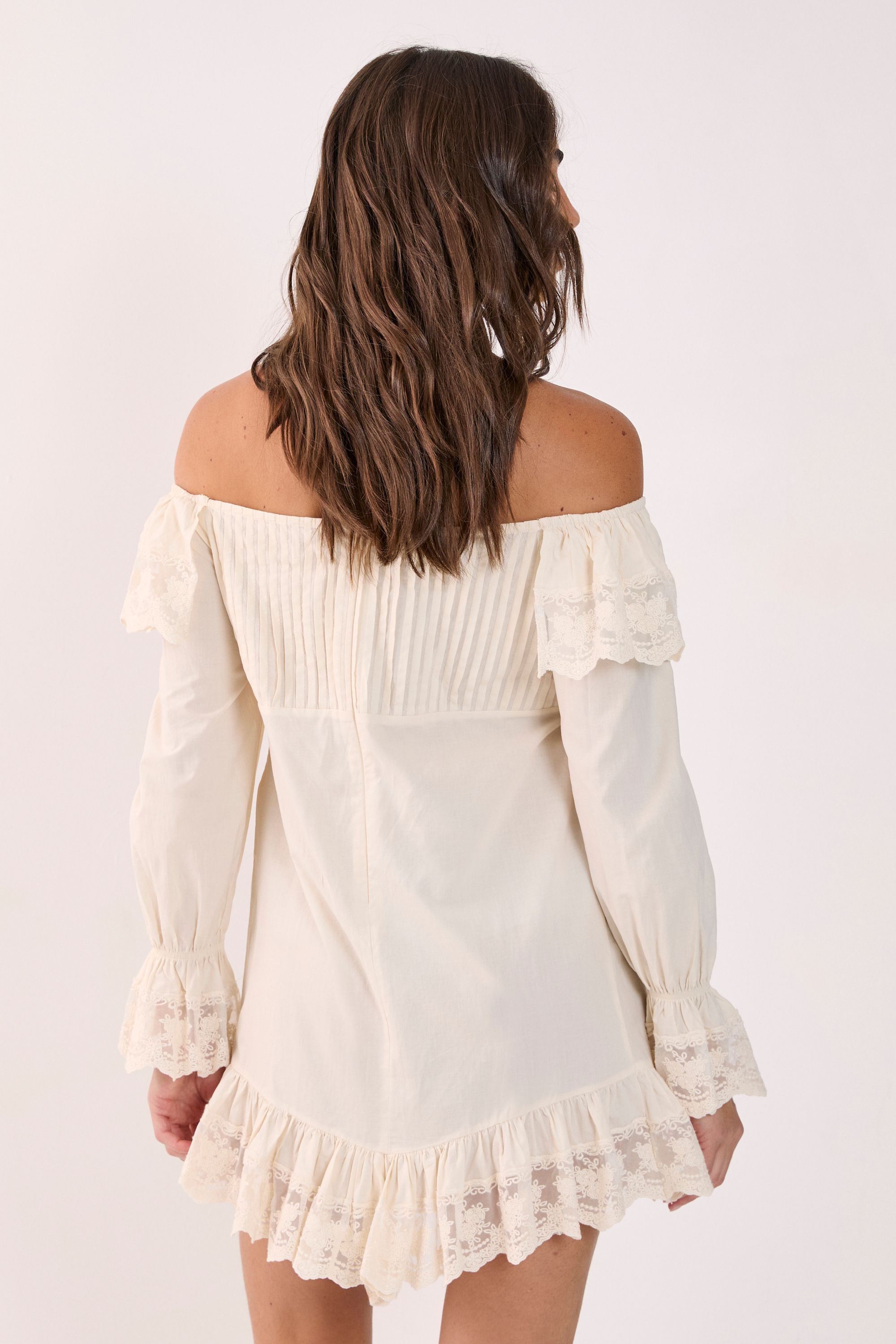 NastyGal Cotton Embroidered lace Ruffle Bardot Tie Front Mini Dress Cream image 3