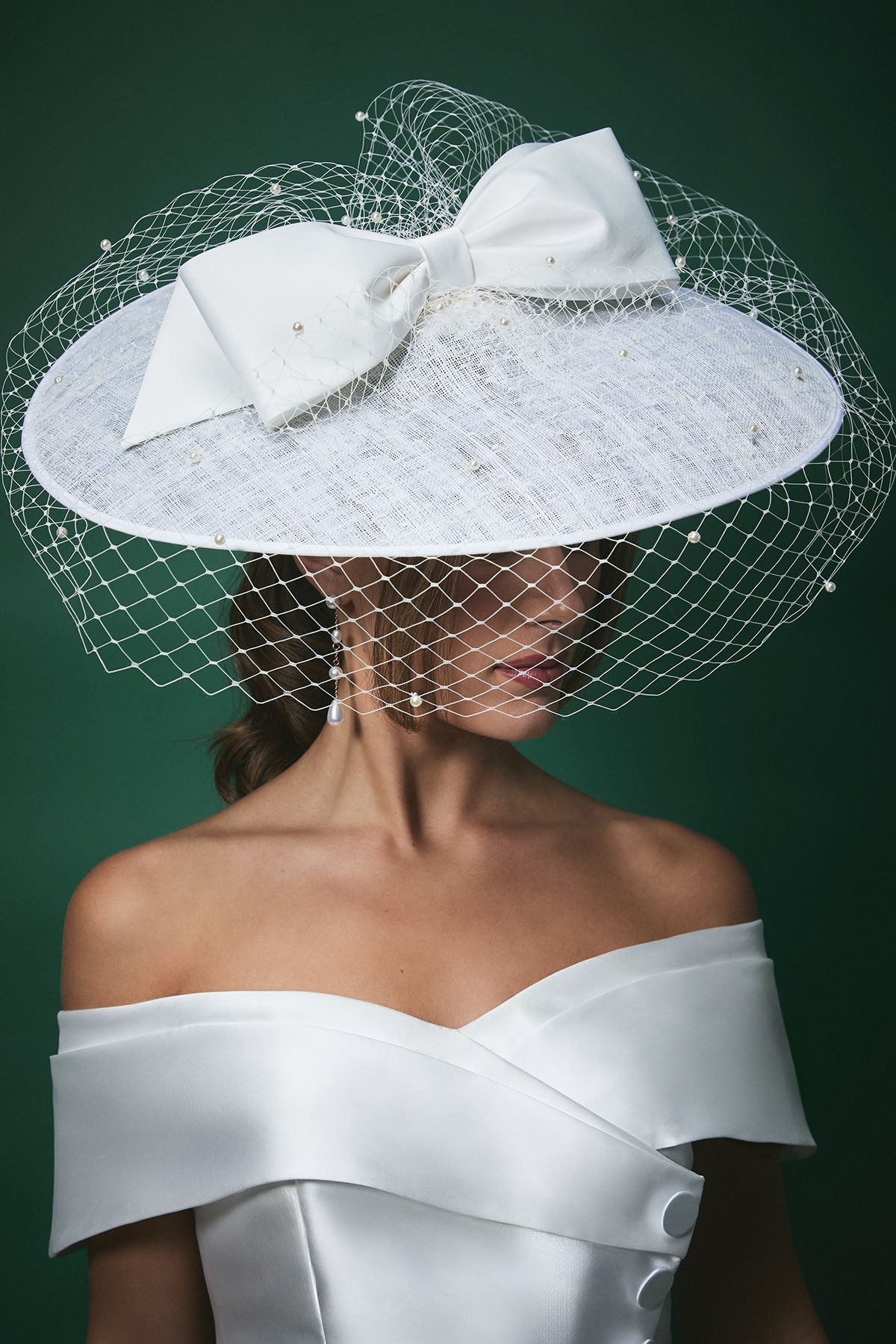 Coast Lisa Tan Bridal Bow Detail Wide Brim Fascinator with Pearl Veil Ivory image 1