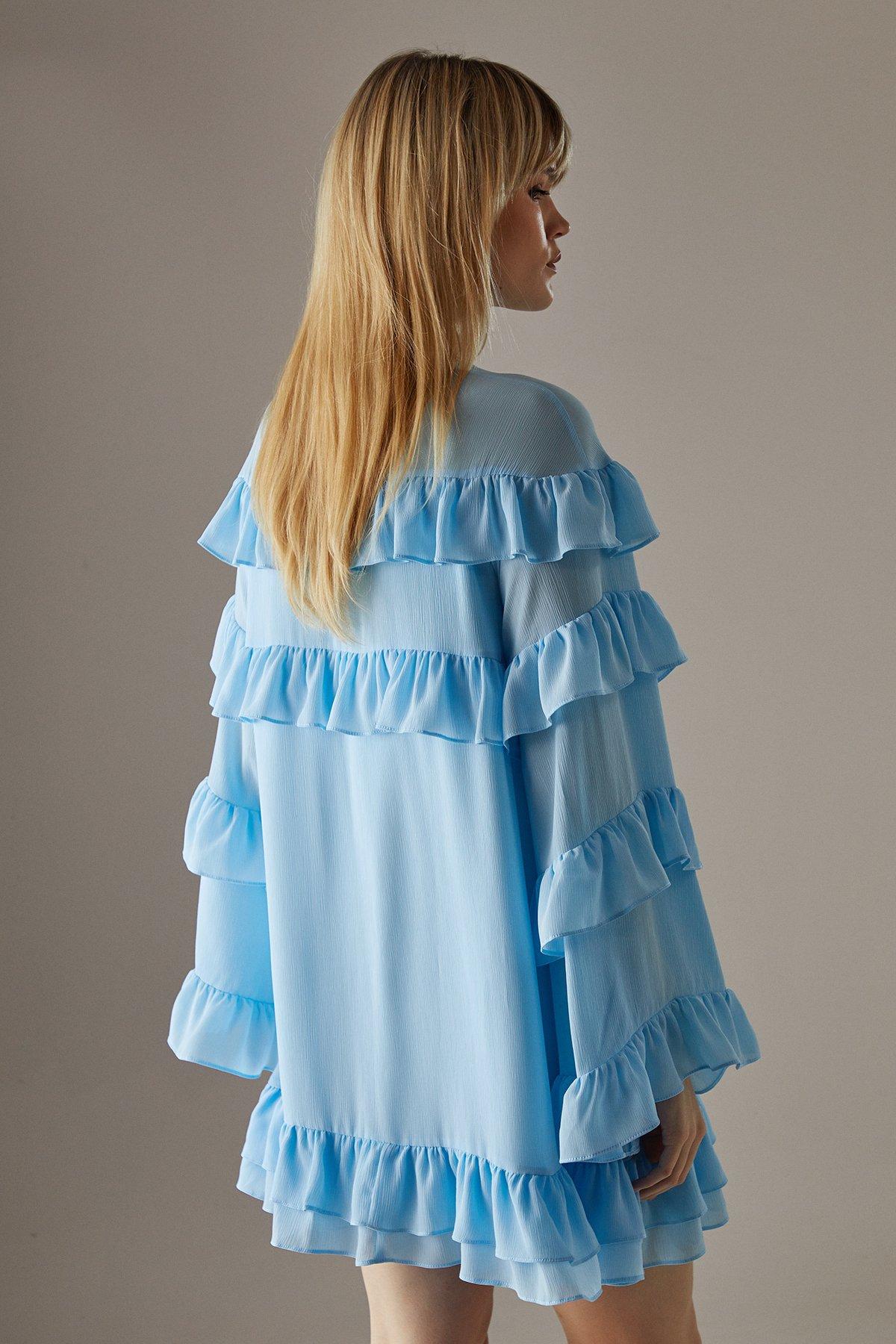 Warehouse Chiffon Ruffle Flared Sleeve Mini Smock Dress Pale Blue image 3