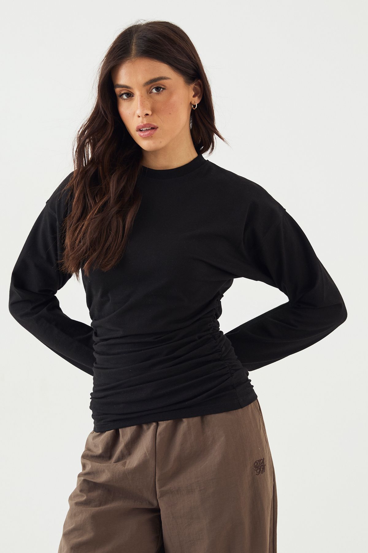 DSGN Studio DSGN Studio Ruched Side Long Sleeve Top Black image 1