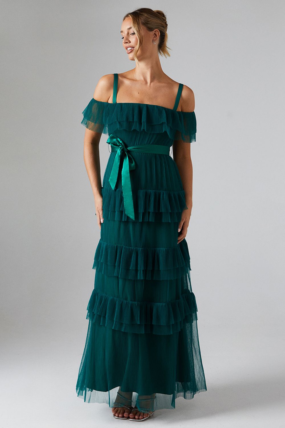 Oasis Pleated Mesh Tiered Skirt Bridesmaid Dress With Satin Belt Emerald