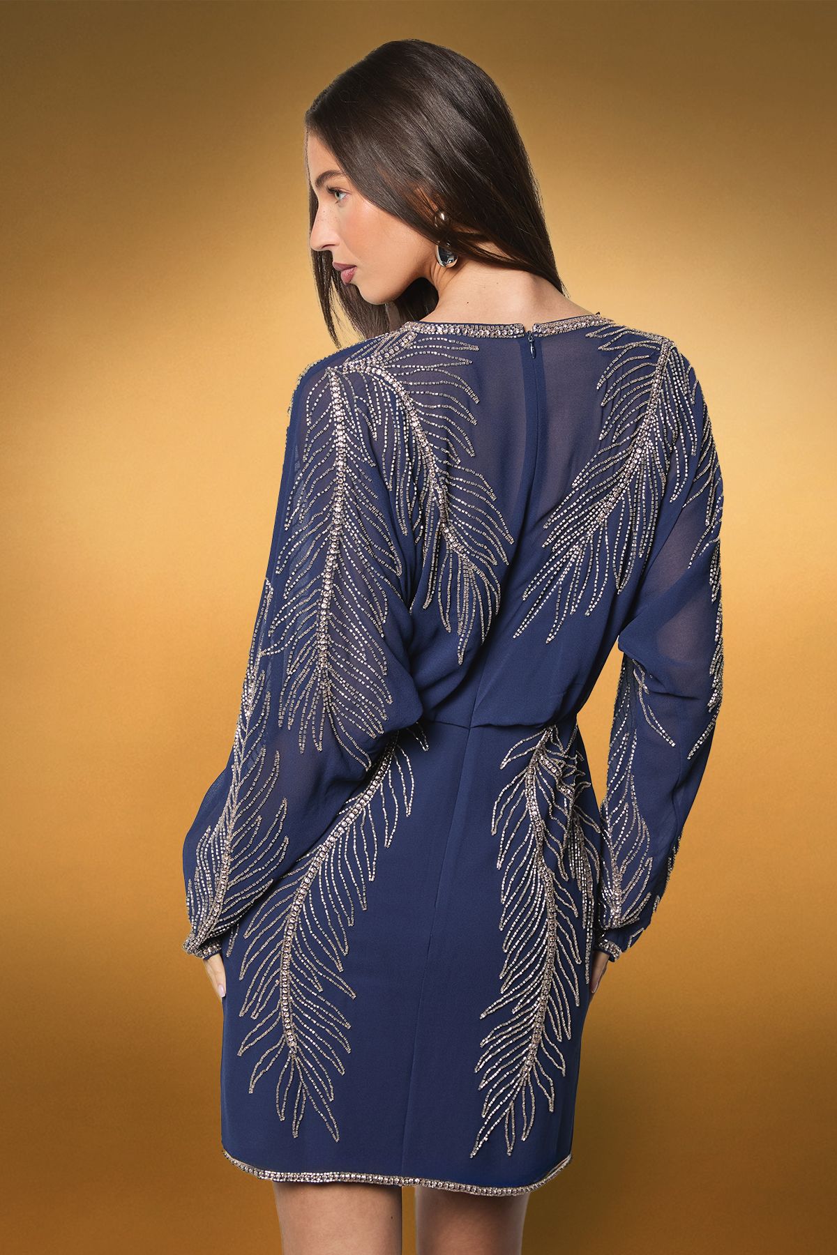 Coast Long Sleeve Placement Feather Embellished Mini Dress Navy image 3