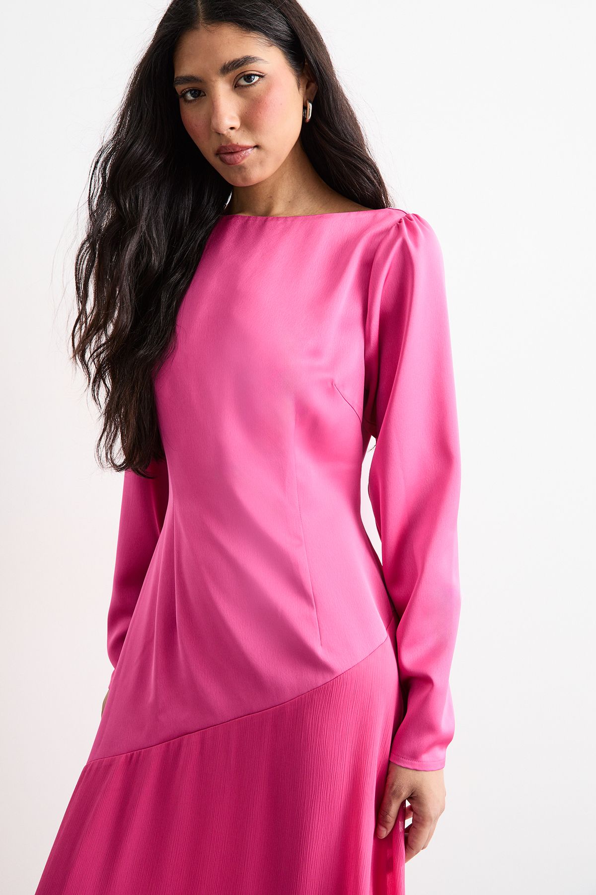 Warehouse Slash Neck Asymmetric Seam Detail Maxi Dress Pink image 2