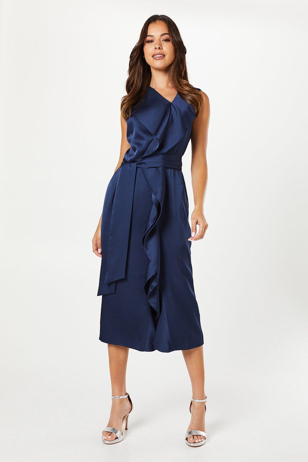 Coast Waterfall Front Belted Satin Midi Dress Navy image 1