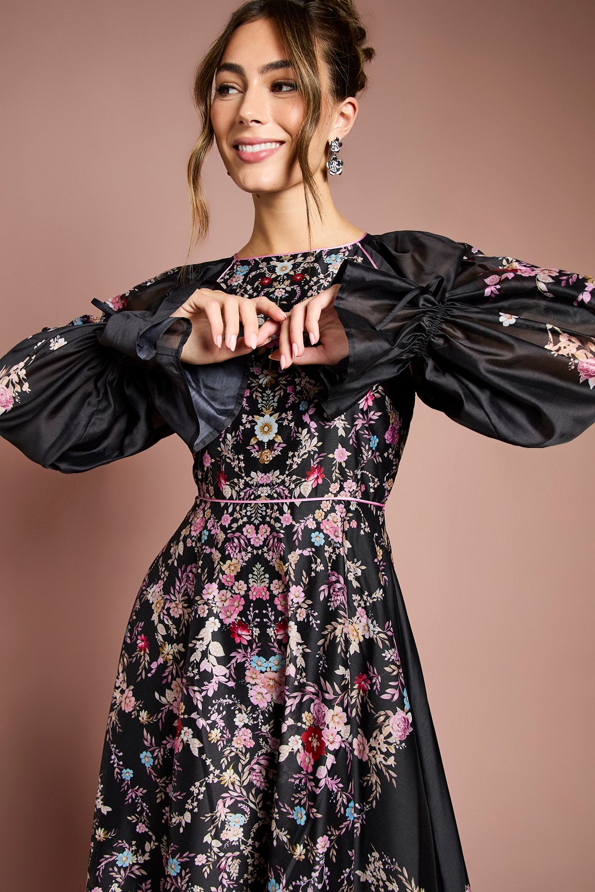 Coast Placement Print Long Sleeve Organza Midi Dress Black image 4