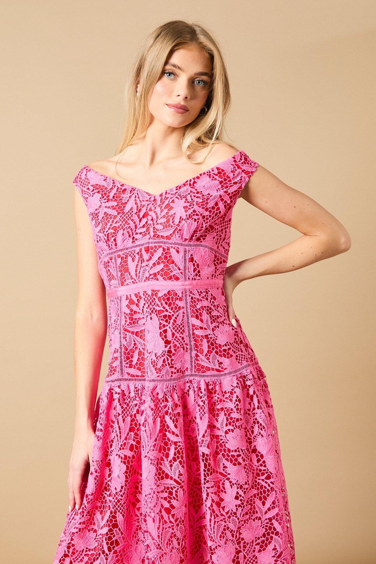 Oasis Floral Lace Off The Shoulder Midi Dress Pink image 2