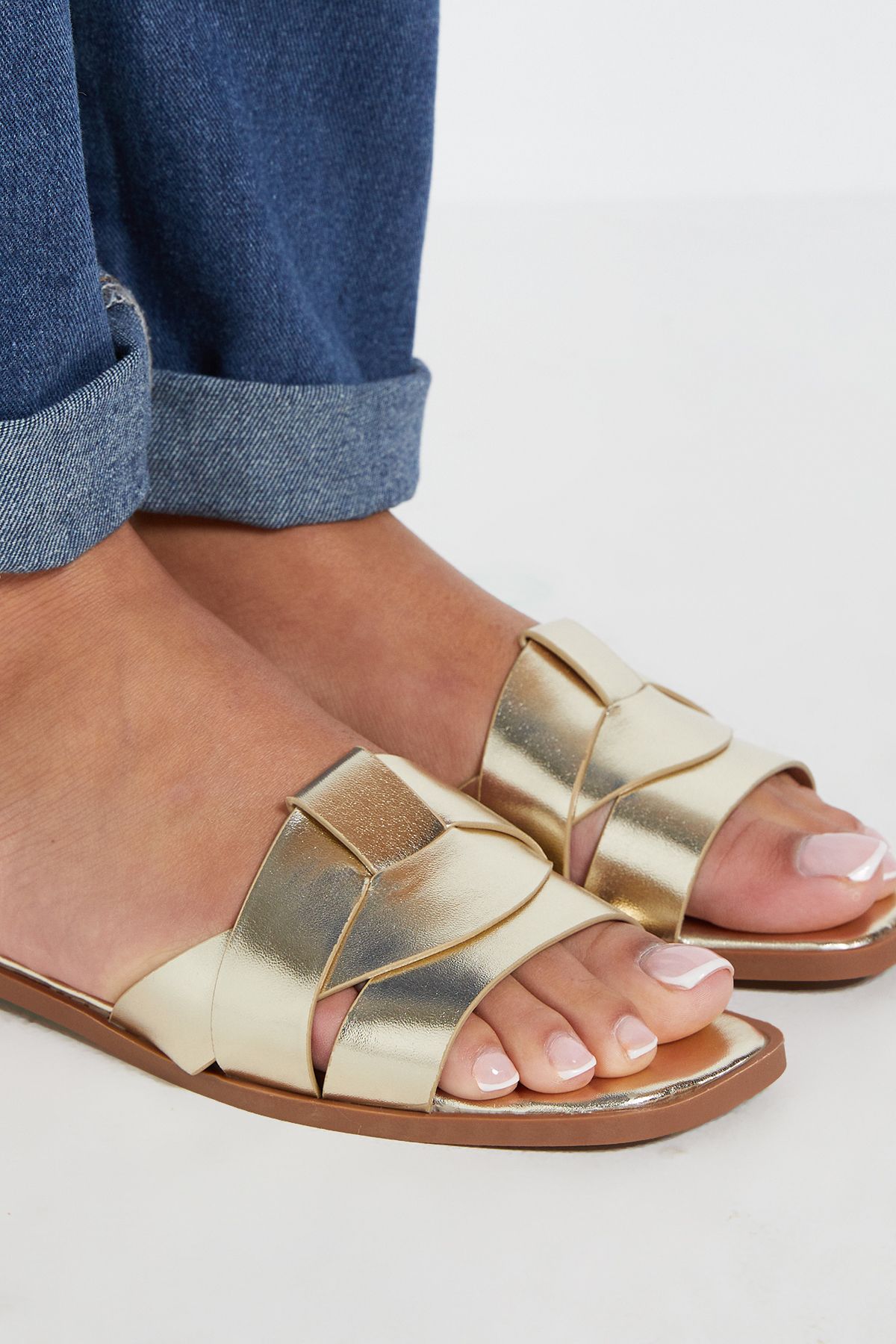 Dorothy Perkins Flossy Faux Leather Interwoven Flat Sliders Gold image 4