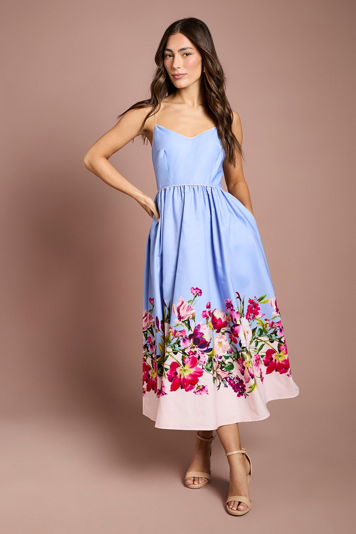 Coast Placement Print Cotton strappy Midi Dress Blue