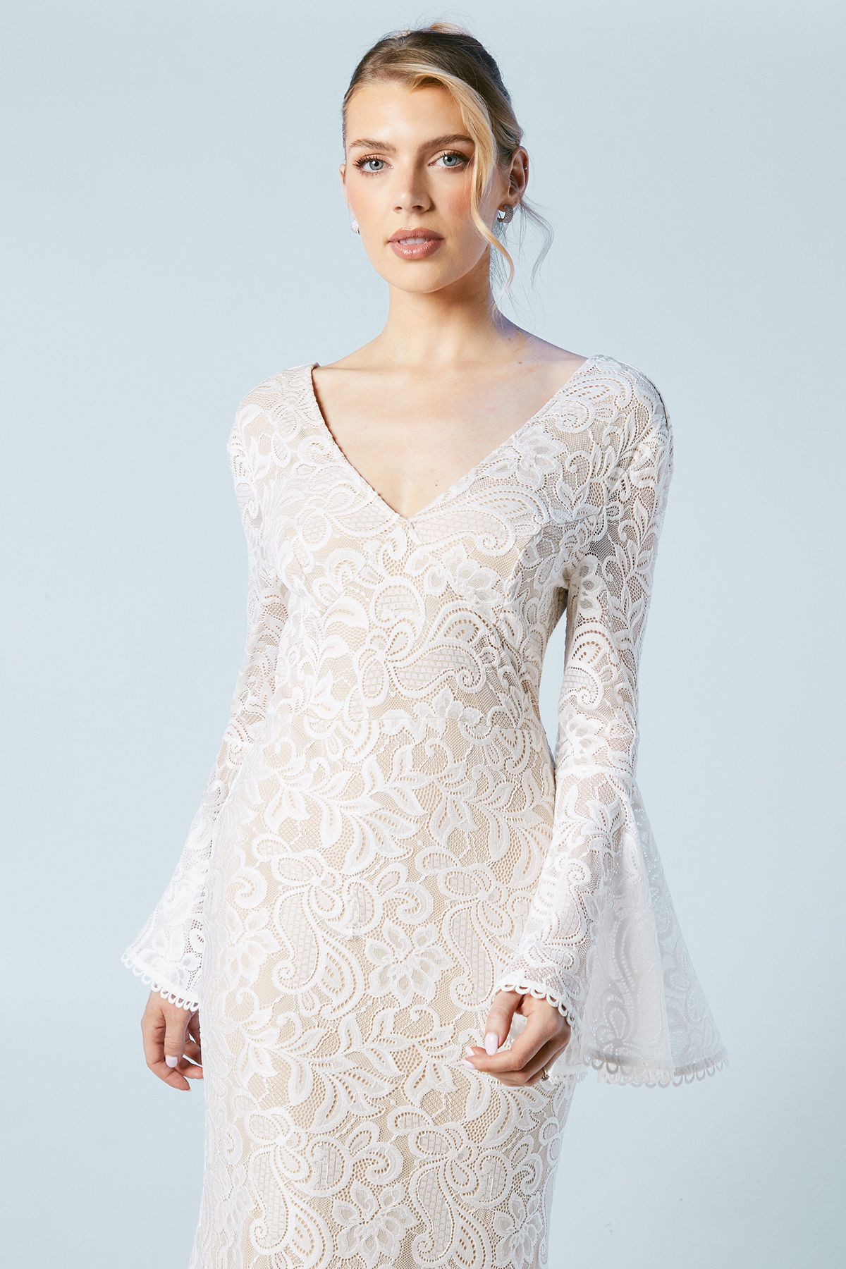 Oasis Flare Sleeve Boho Stretch Lace Fishtail Wedding Dress Ivory image 5