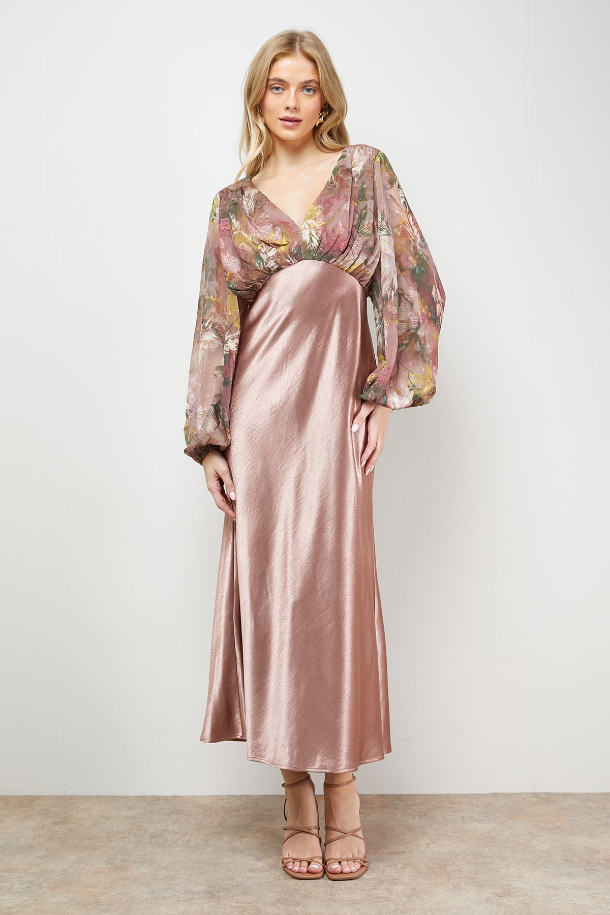 Oasis Petite Printed Balloon Sleeve V Neck Satin Chiffon Mix Midaxi Dress Floral