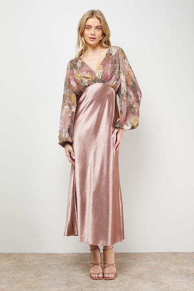 Oasis Petite Printed Balloon Sleeve V Neck Satin Chiffon Mix Midaxi Dress Floral