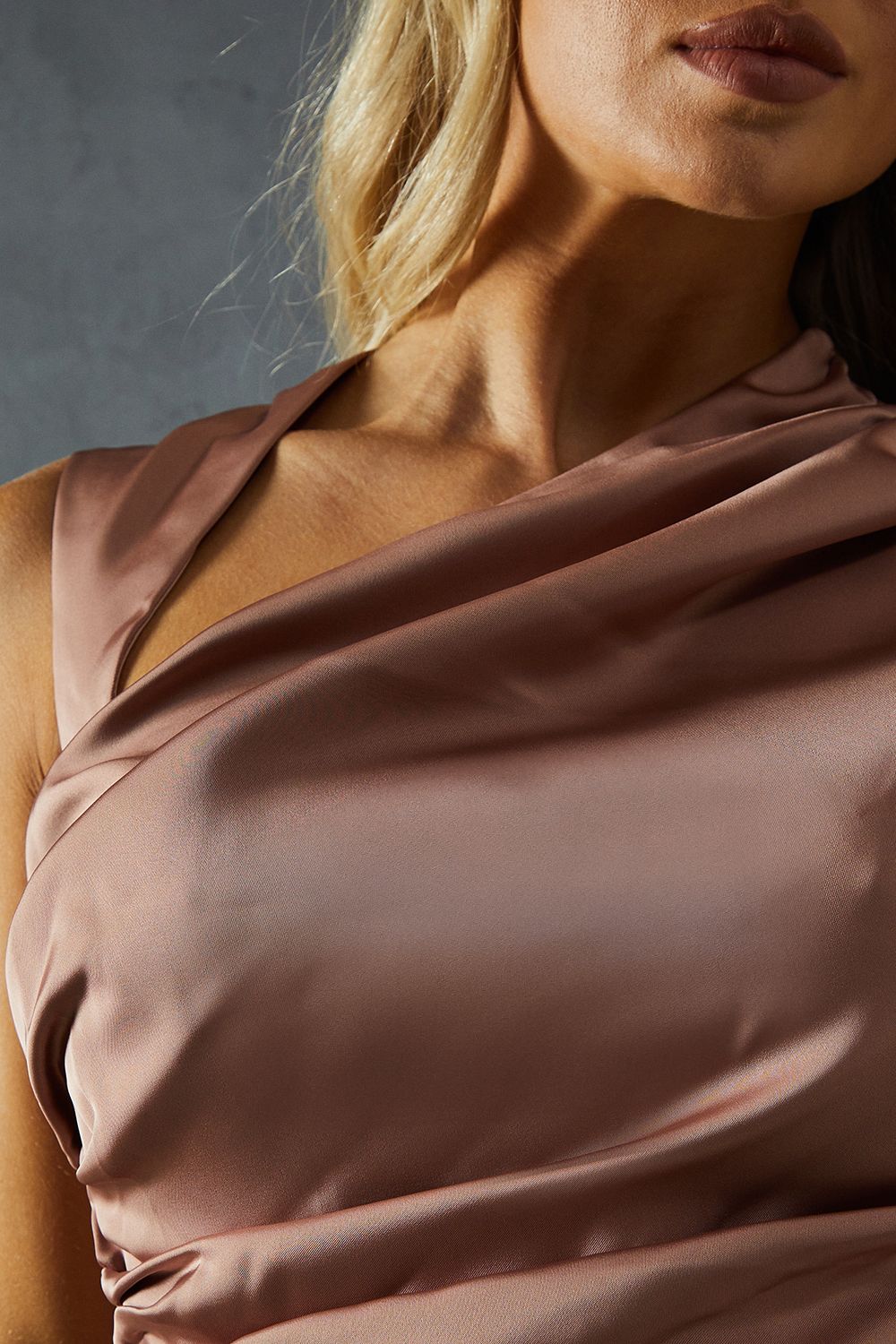 MissPap Satin Asymmetric Neckline Draped Mini Dress Blush image 5