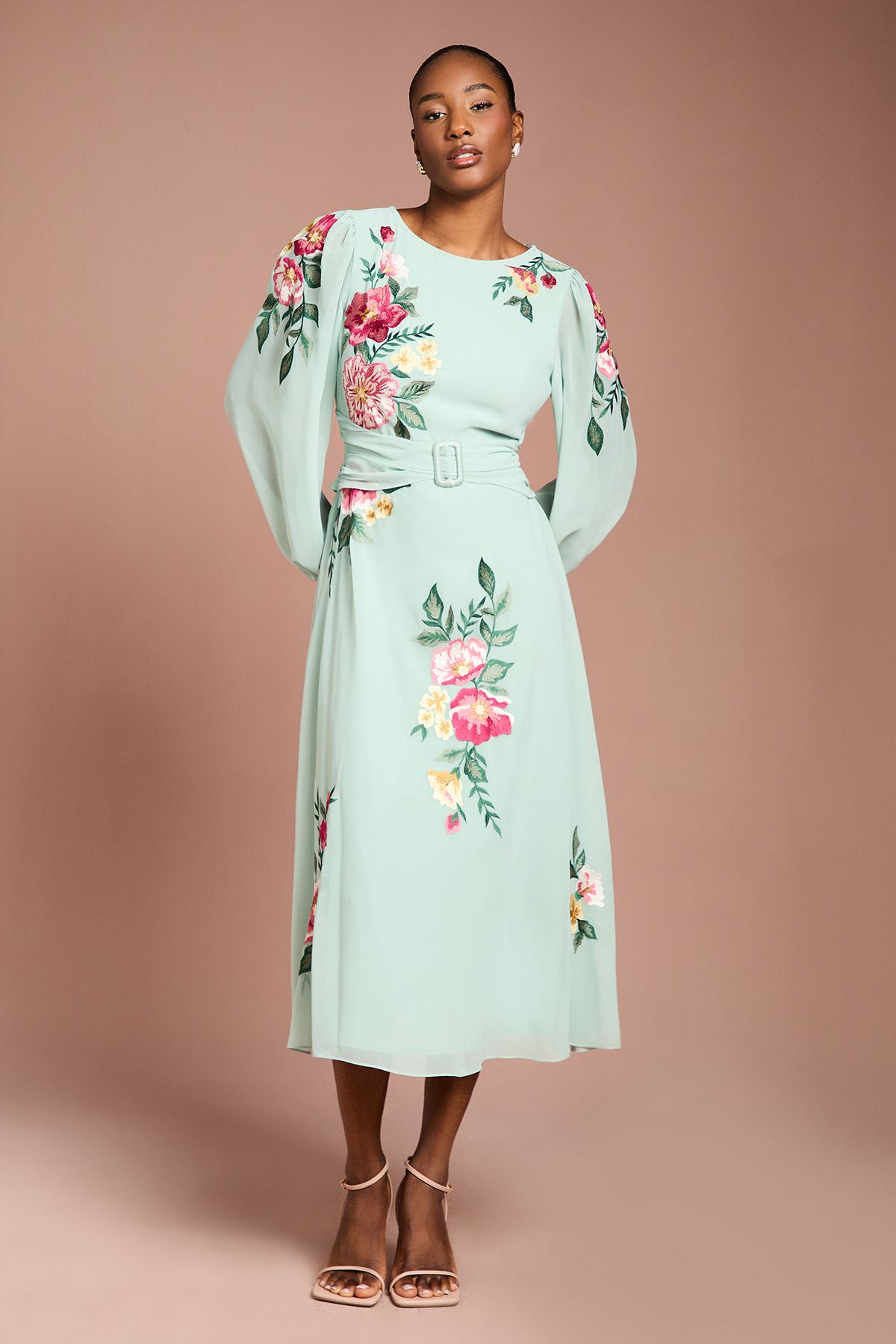 Coast Embroidered Long Sleeve Belted Midi Dress Sage