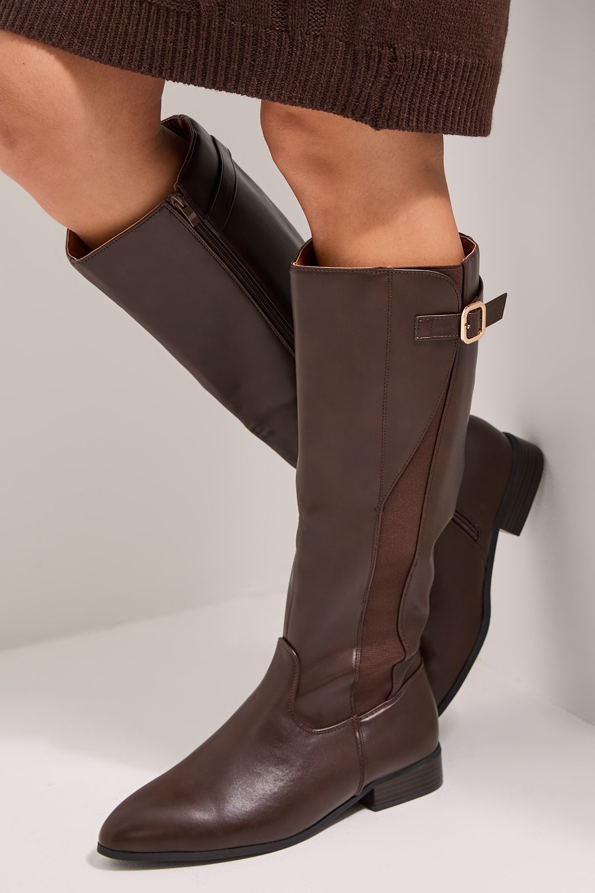 Dorothy Perkins Wide Fit Kamille Faux Leather Elastic Knee High Riding Boots Brown image 1