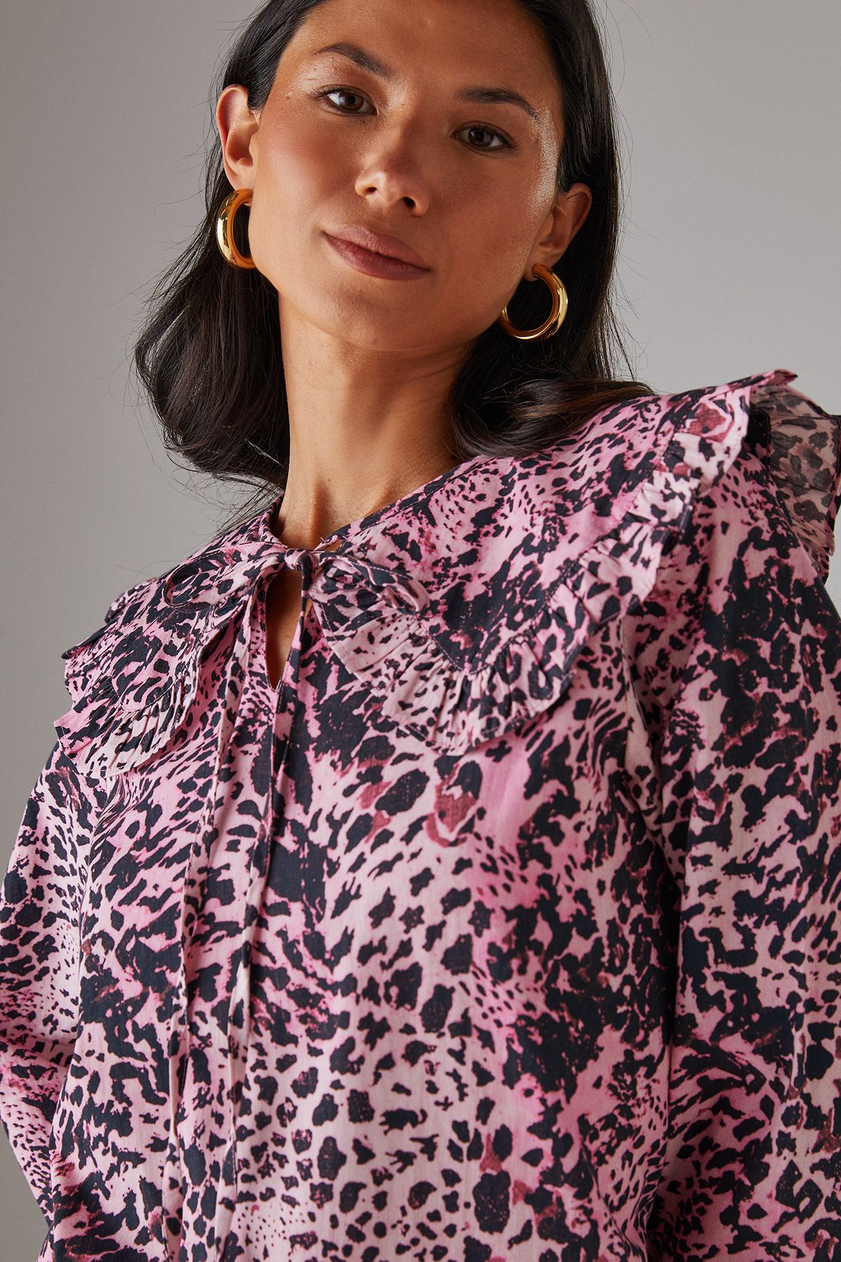 Warehouse Animal Poplin Oversized Collar Tie Detail Mini Smock Dress Pink image 2