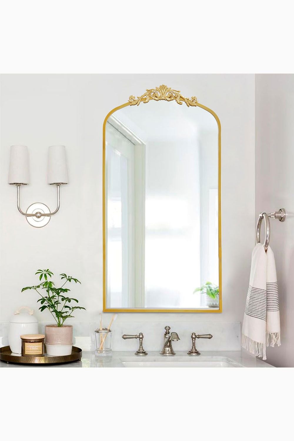 Living and Home 60cm W x 120cm H Vintage-Inspired Gold Floral Carved Metal Framed Arch Accent Wall Mirror image 2