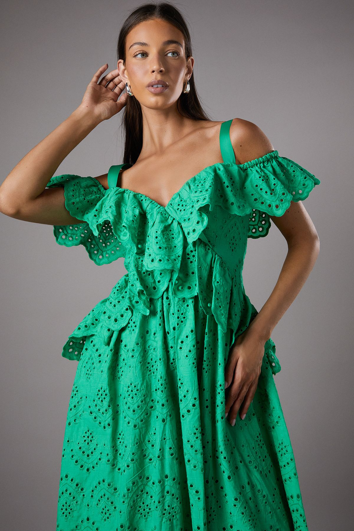 Coast Strappy Cold Shoulder Broderie Frill Midi Dress Green image 4