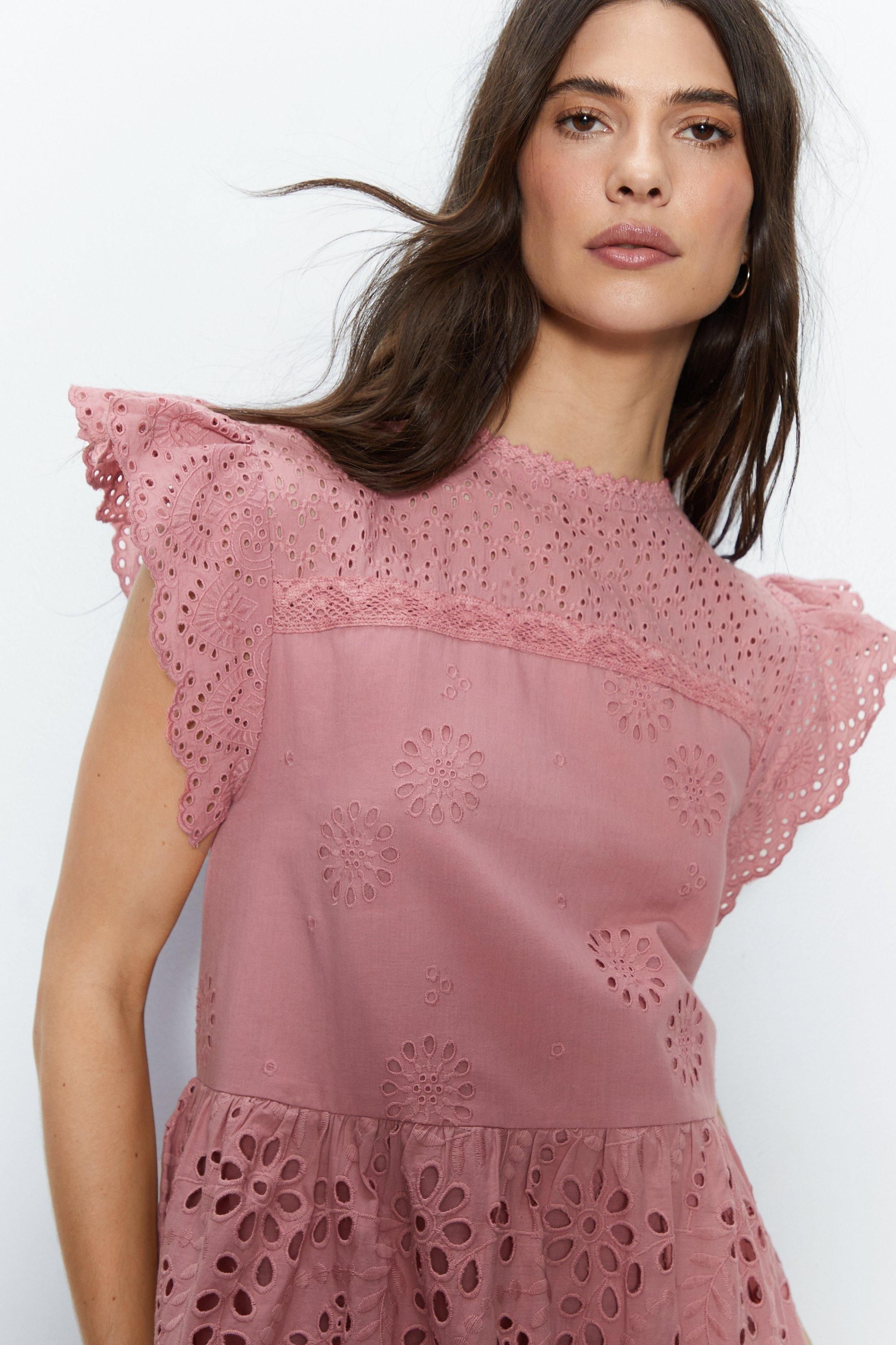 Warehouse Broderie Mix Tiered Midi Dress Rose image 2