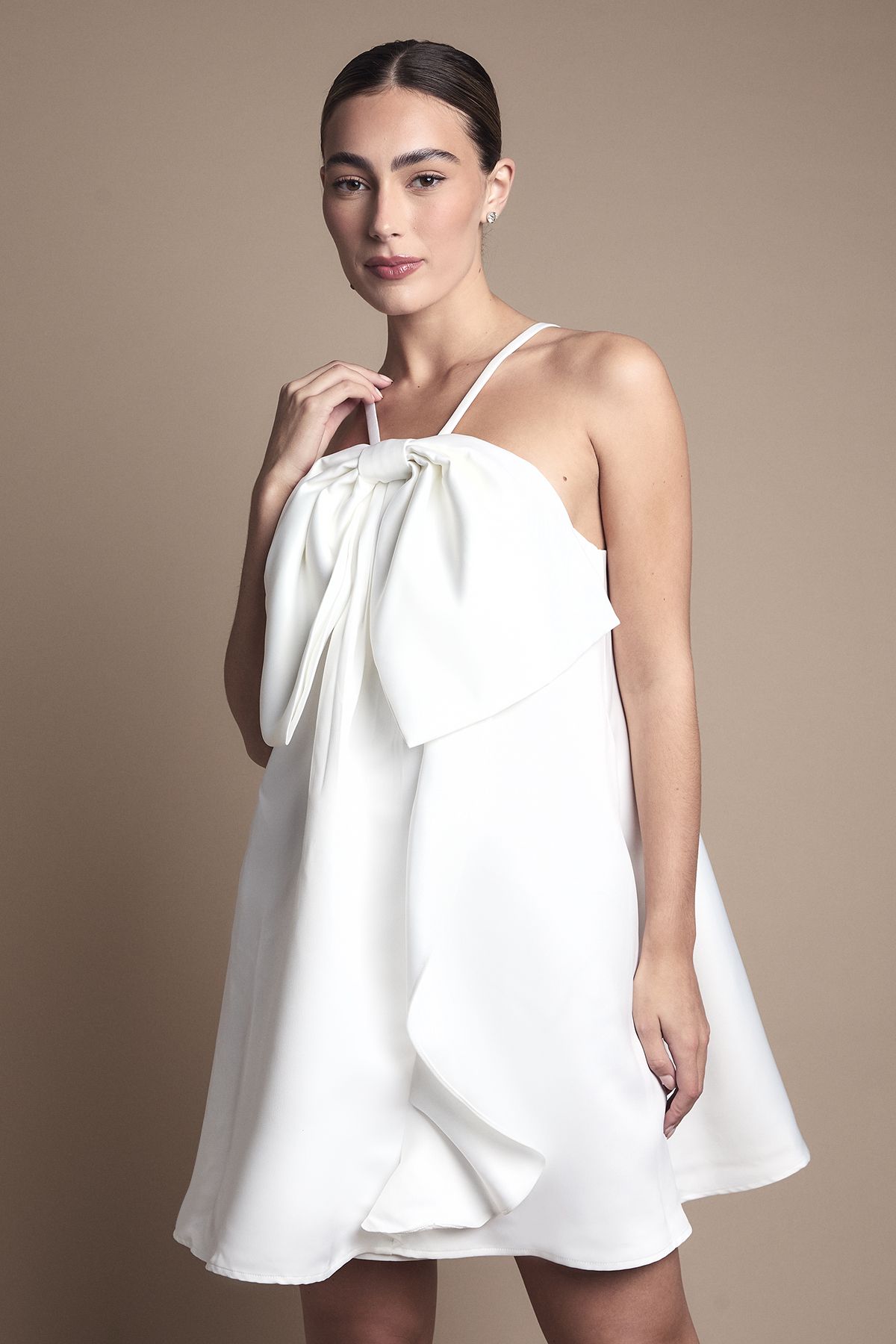 Coast Strappy Bow Detail Voluminous Mini Wedding Dress Ivory image 2