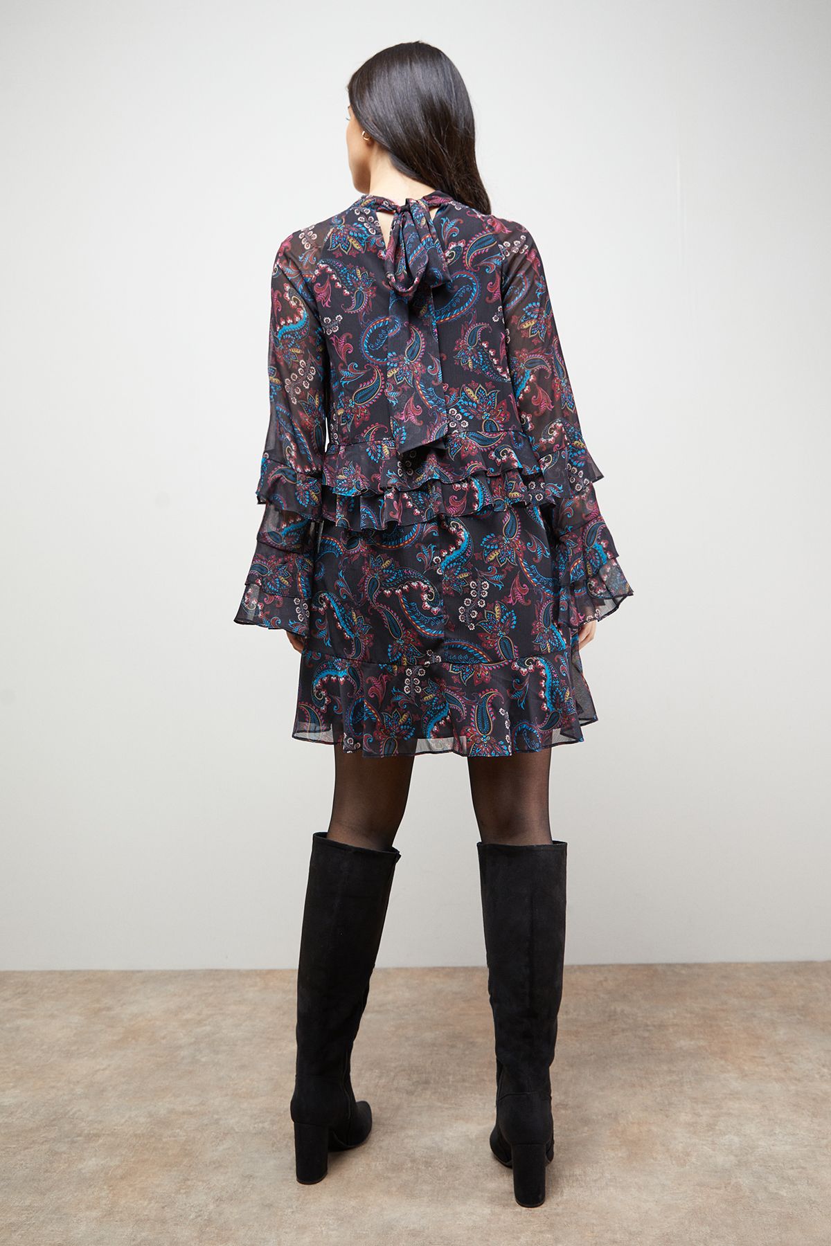 Oasis Layered Ruffle Sleeve Bow Back Mini Dress Multi image 3