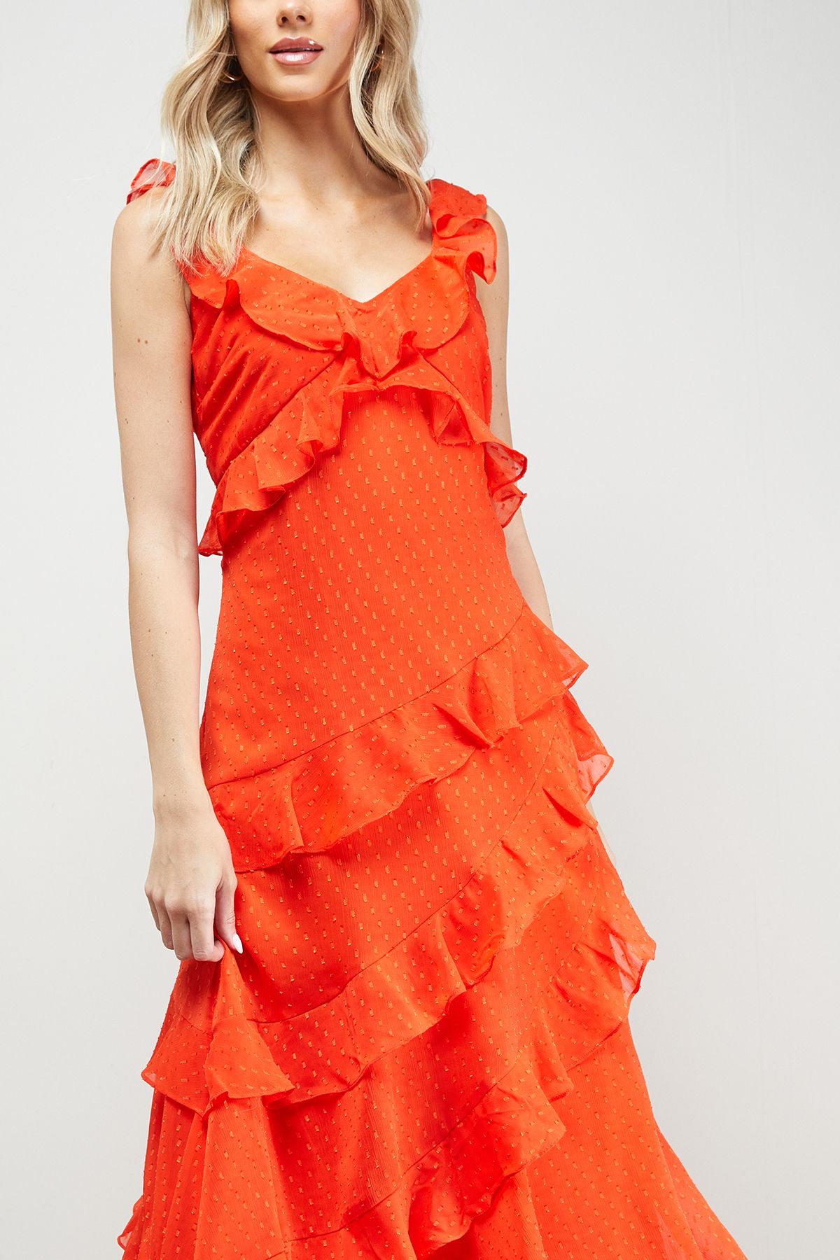 Oasis Dobby Ruffle V Neck Tiered Midi Dress Orange image 2