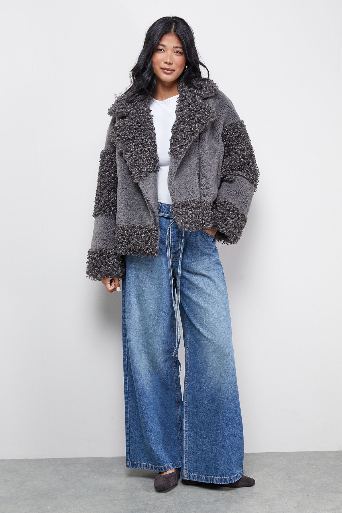 Warehouse Fur Mix Zip Through Jacket Grey image 2