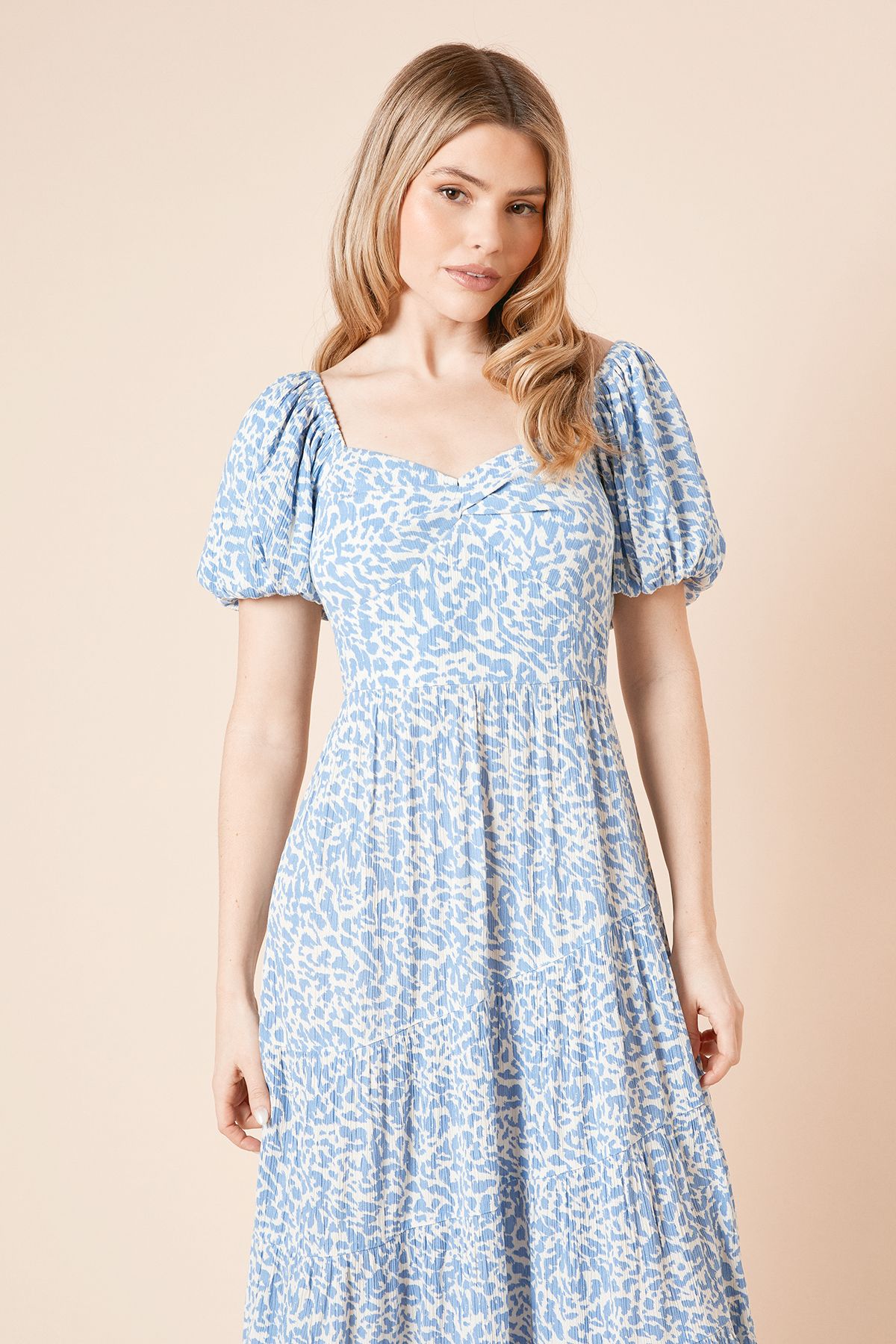 Dorothy Perkins Blue Tiered Puff Sleeve Twist Front Maxi Dress Blue image 2