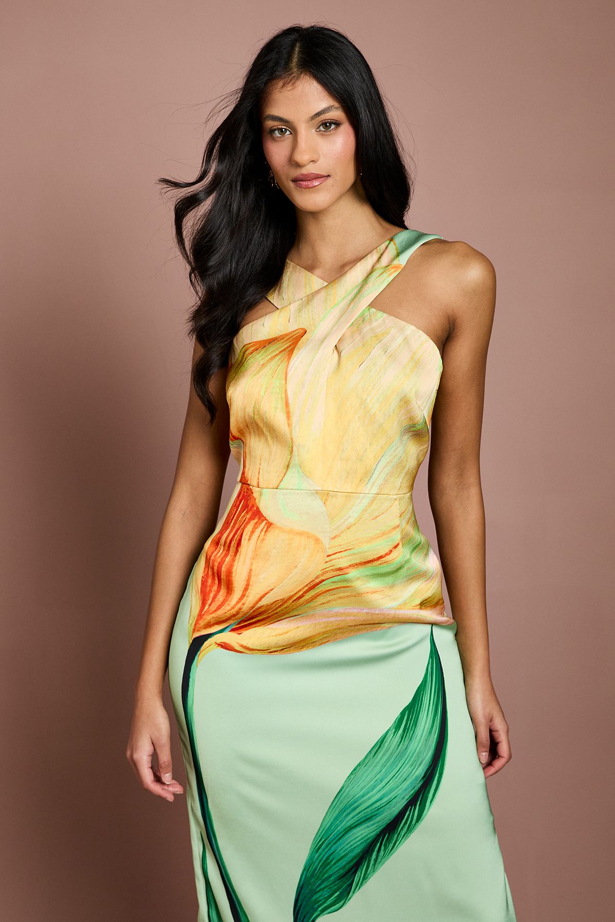 Coast Petite Large Scale Floral Placement Print Halterneck Pencil Dress Sage image 2