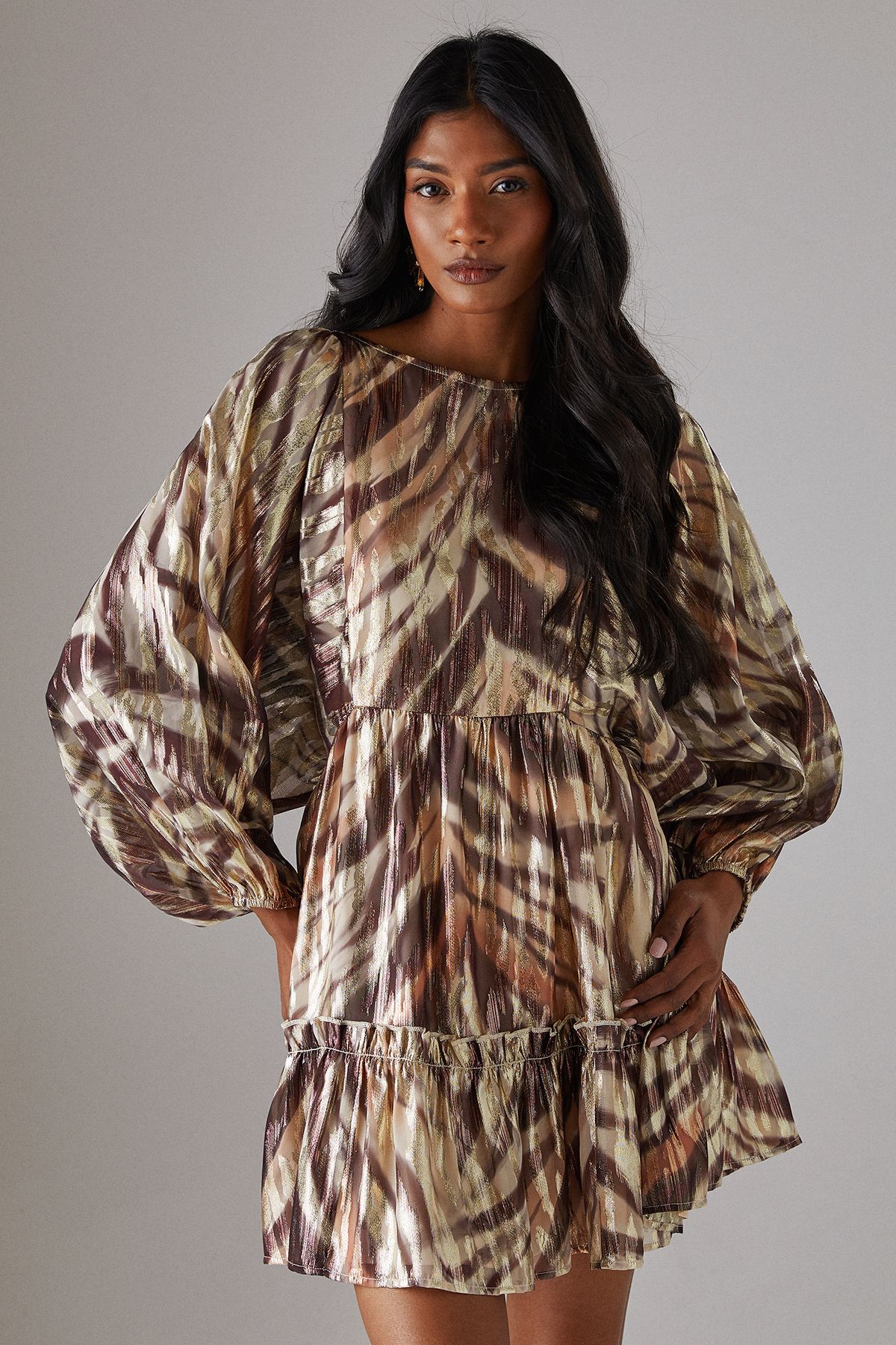 Warehouse Metallic Jacquard Volume Sleeve Mini Dress Zebra image 1