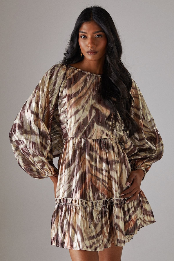 Warehouse Metallic Jacquard Volume Sleeve Mini Dress Zebra