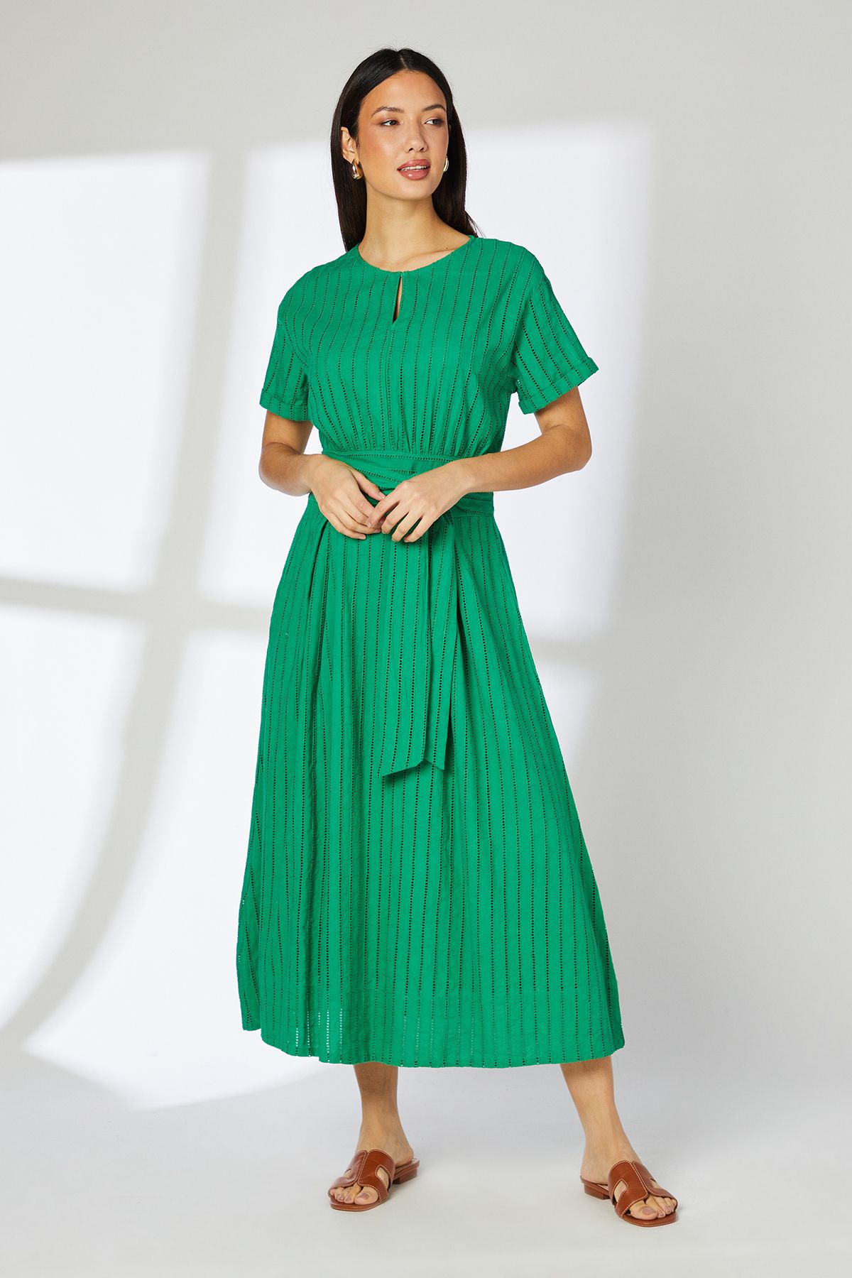 Principles Green Tie Waist Pleated Skirt Midi Dress Green image 1