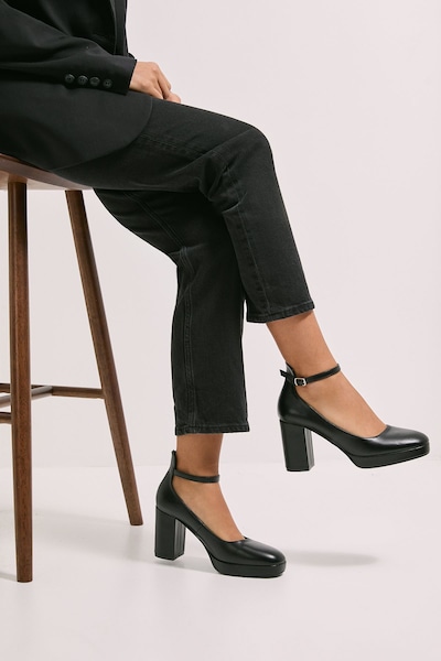 Dorothy Perkins Vanessa Faux Leather Platform Ankle Strap High Block Heel Court Shoes Black