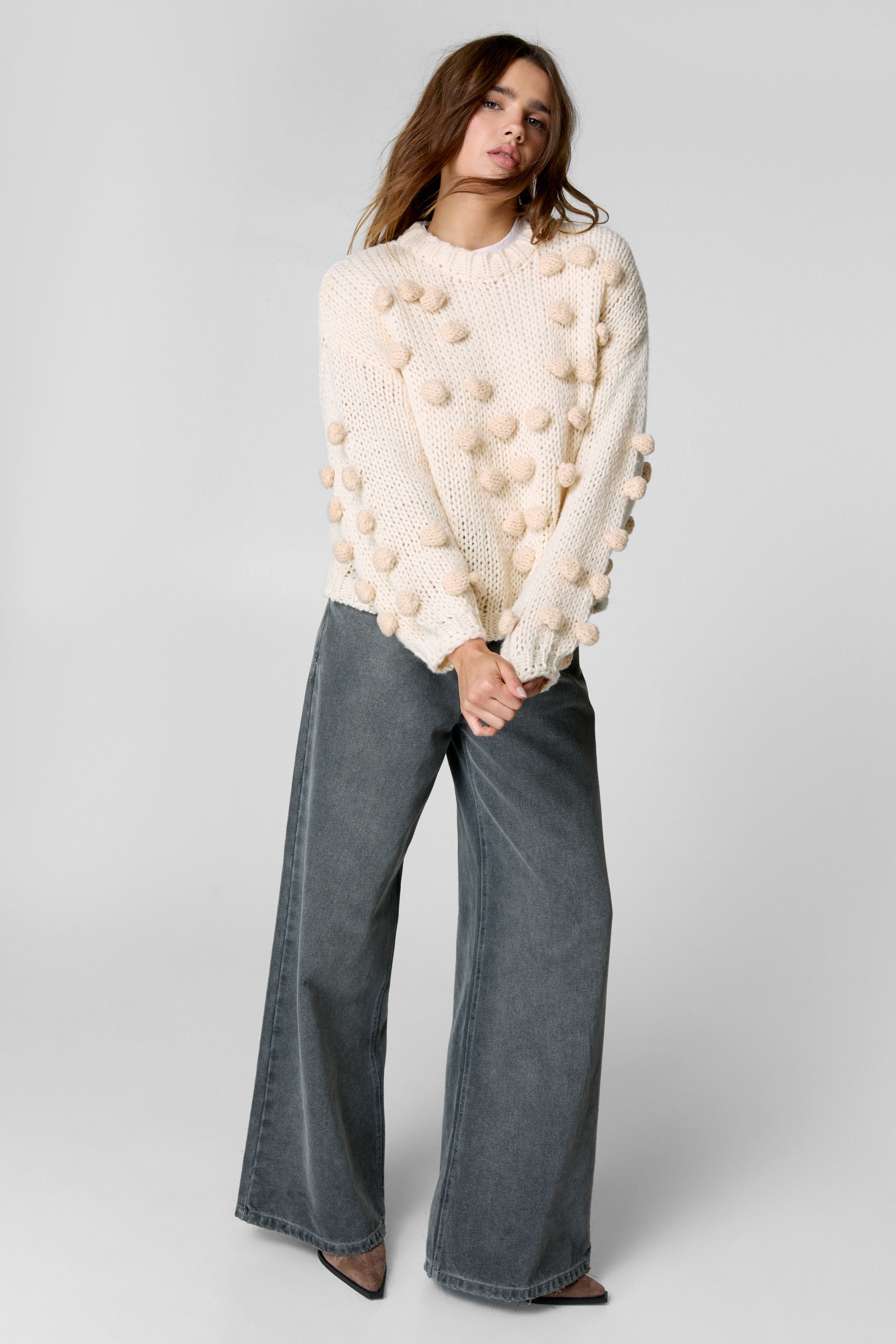 NastyGal Pom Pom Sweater Cream image 2