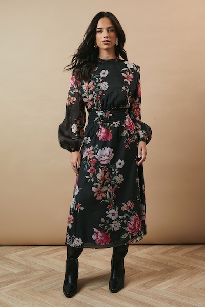 Oasis Floral Organza Shirred Waist Tie Back Midi Dress Black