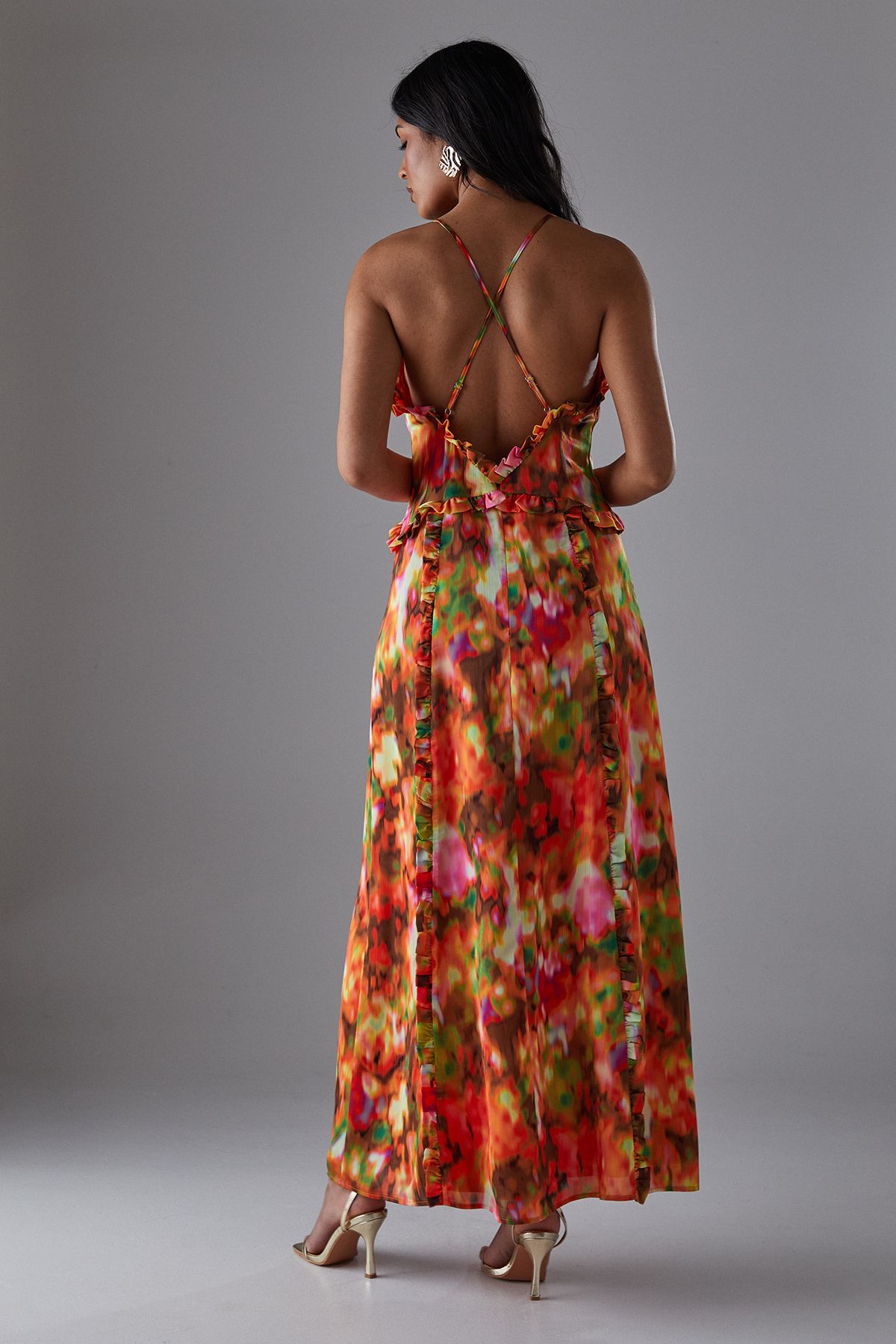 Warehouse Satin Crinkle Ruffle Maxi Sundress Multi image 4