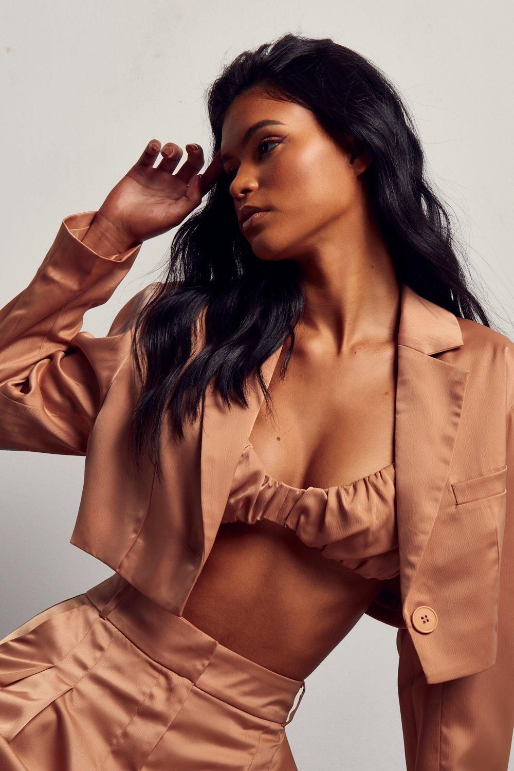 MissPap Textured Satin Ruched Bralet Sand image 6