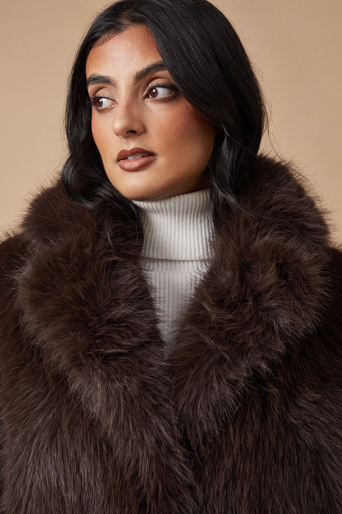 Oasis Faux Fur Midi Coat Chocolate image 3