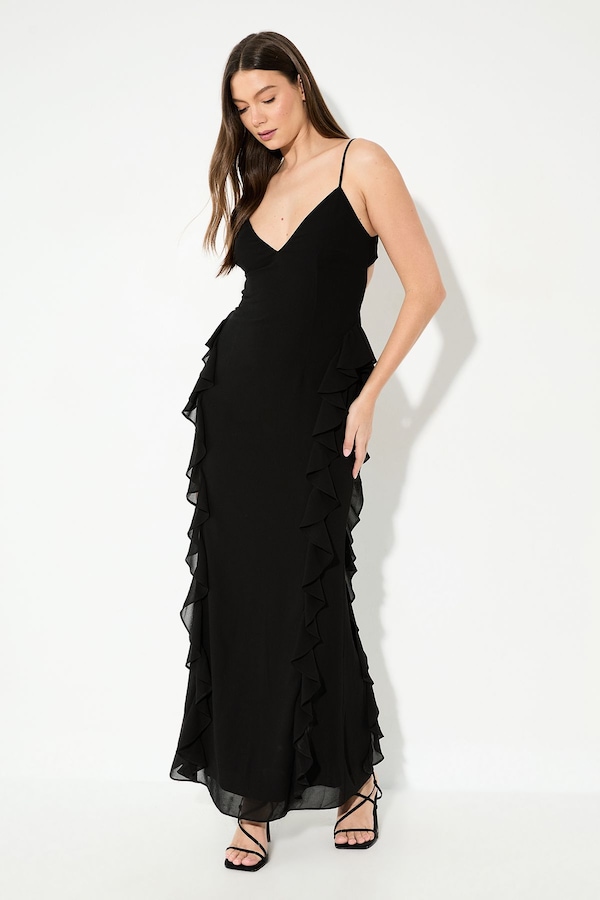 MissPap Ruffle Detail Open Back Maxi Dress Black