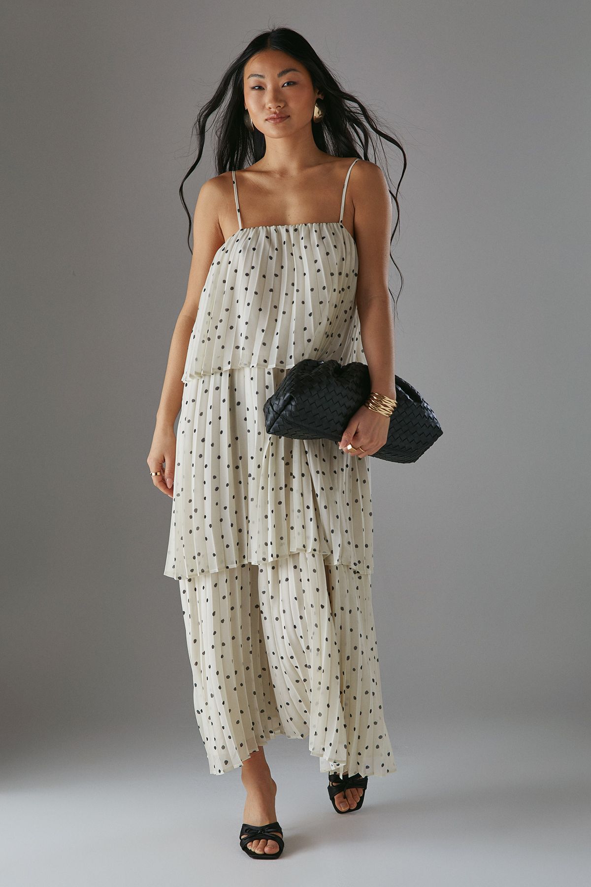 Warehouse Petite Chiffon Pleated Tier Strappy Midi Dress Mono