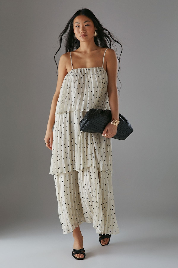 Warehouse Petite Chiffon Pleated Tier Strappy Midi Dress Mono