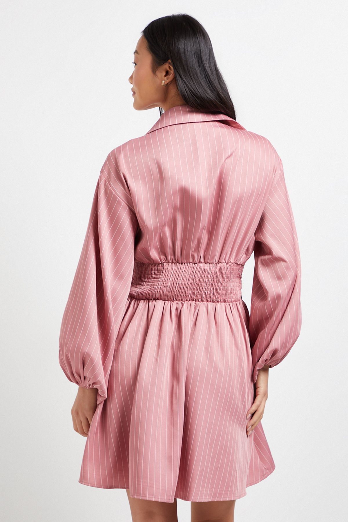 Dorothy Perkins Petite Pinstripe Collar Detail Gathered Waist Mini Dress Pink image 3