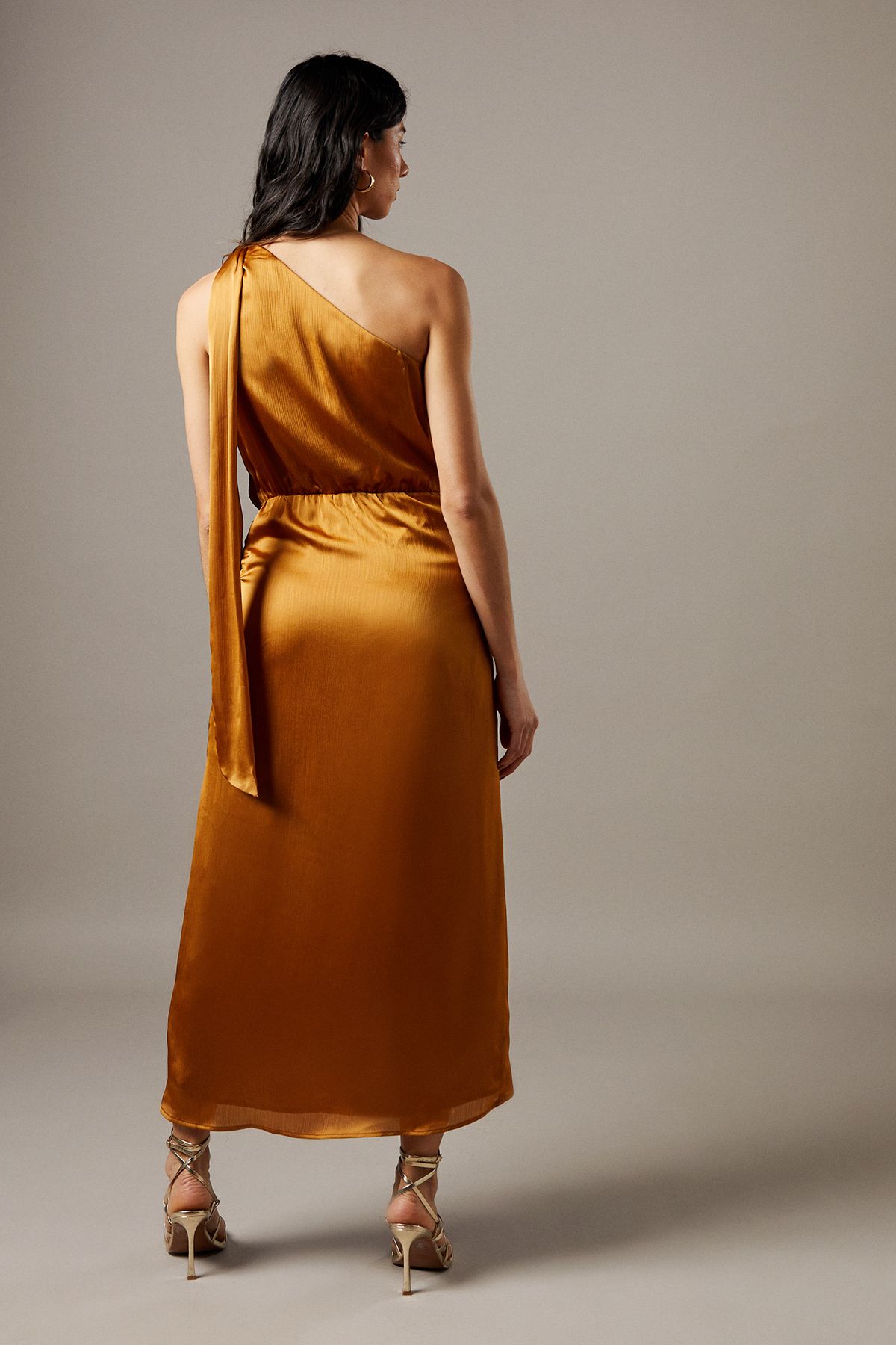 Warehouse Crinkle Chiffon One Shoulder Tie Front Midi Dresses Gold image 3