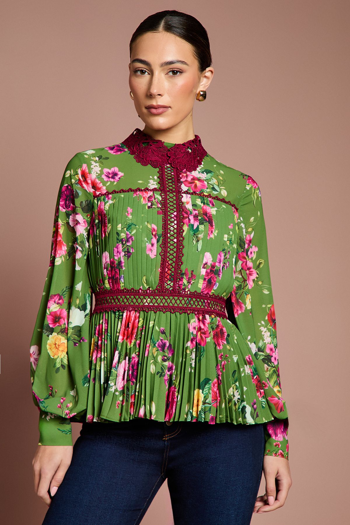 Coast Lisa Tan Long Sleeve Pleated Printed Blouse Green