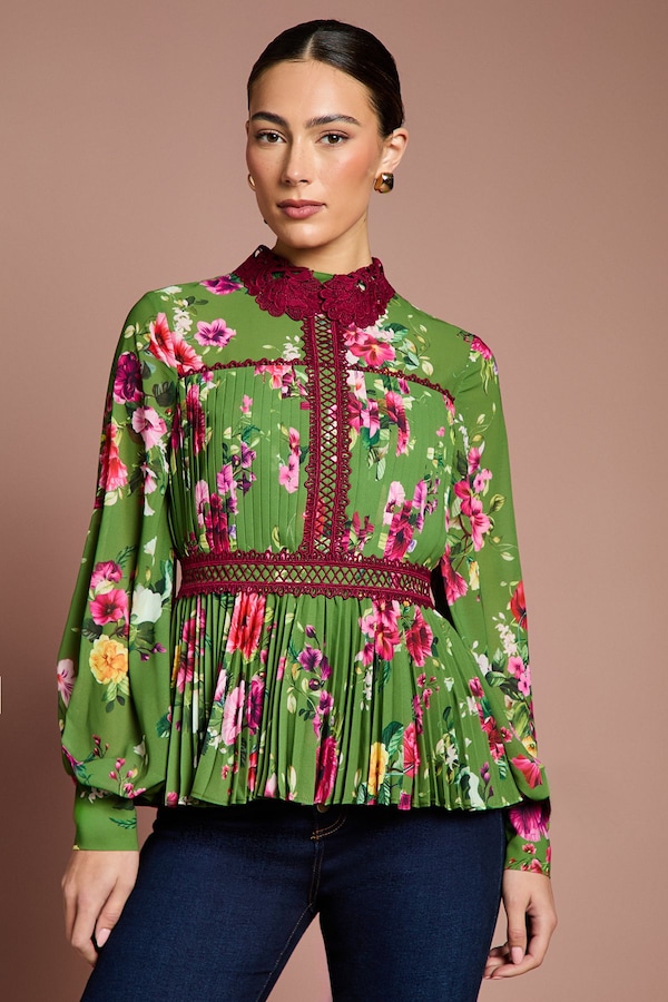 Coast Lisa Tan Long Sleeve Pleated Printed Blouse Green